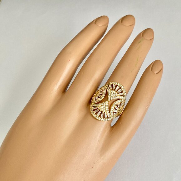 Art Deco Cubic Zirconia Cocktail Ring Yellow Gold Plated Size 7 8 9 Statement - Picture 4 of 15